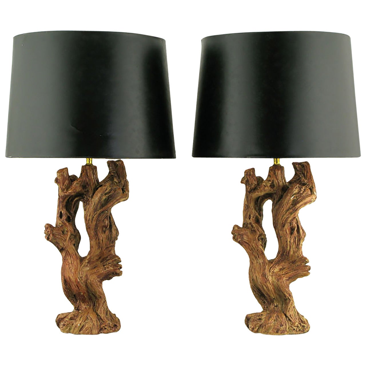 Pair of Ceramic Driftwood-Form Faux Bois Table Lamps For Sale