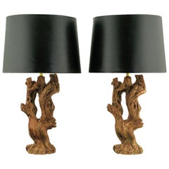 Pair of Ceramic Driftwood-Form Faux Bois Table Lamps