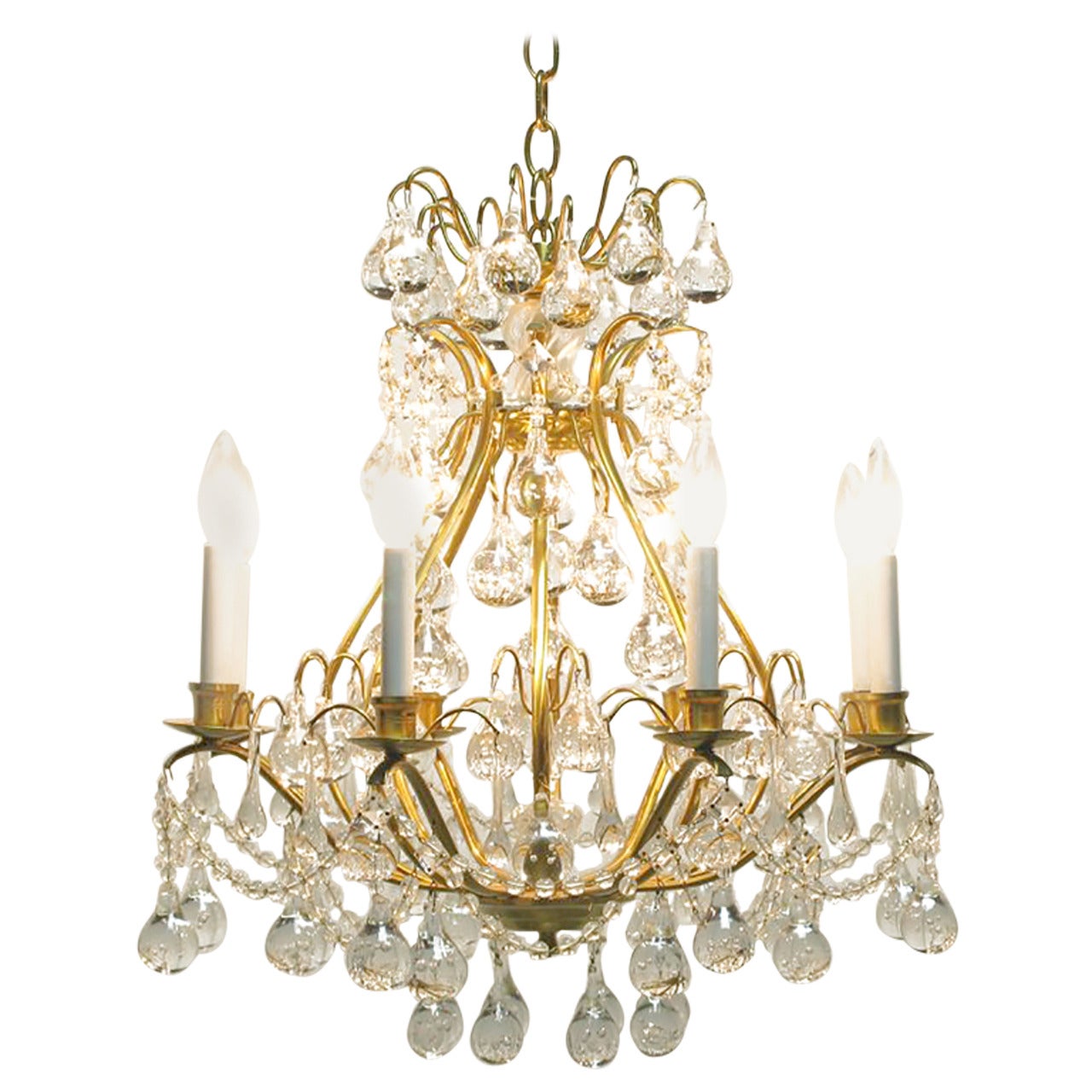 Brushed Brass and Raindrop Bubble Crystals Eight-Arm Chandelier For Sale