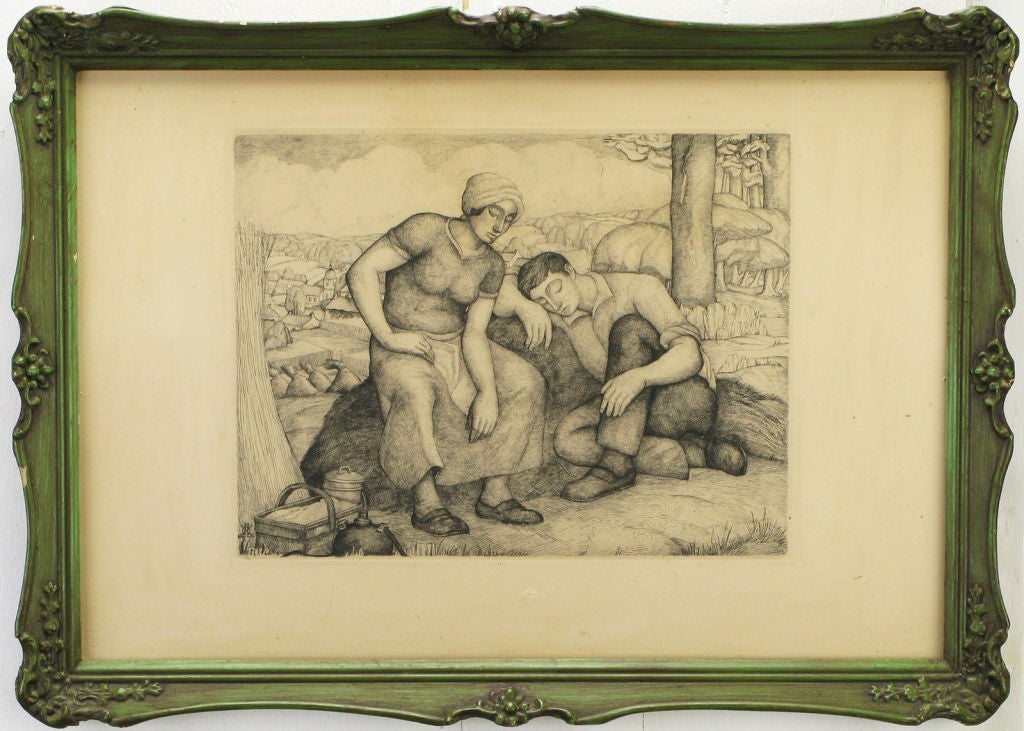 Engraved metal print on paper of two villagers at rest. Nicely finished in a green lacquered carved wood and gesso frame.<br />
<br />
The Chalcography of the Louvre Museum brought together a collection of more than 13,500 plates engraved by the