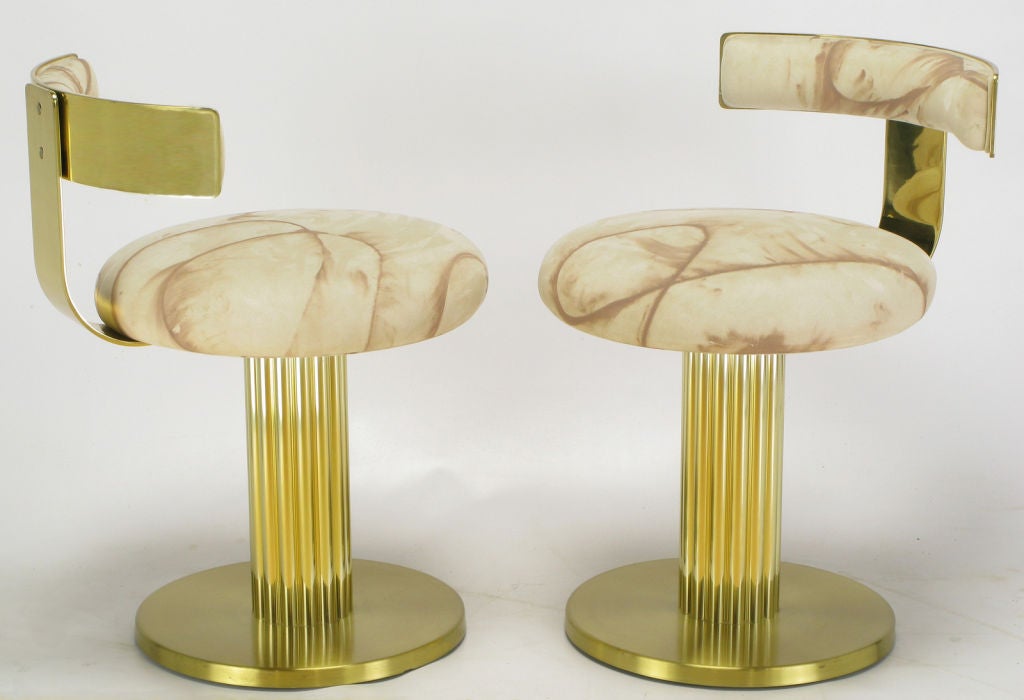 20th Century Set Three Postmodern Reeded Brass Base Low Bar Stools
