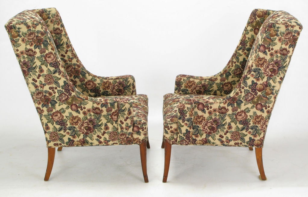 American Pair Low Arm Wing Chairs In LavenderTapestry Upholstery