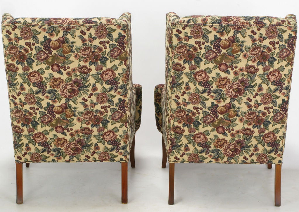 Mid-20th Century Pair Low Arm Wing Chairs In LavenderTapestry Upholstery