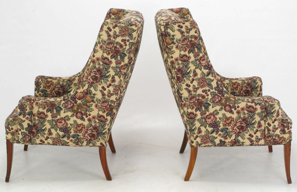 Pair Low Arm Wing Chairs In LavenderTapestry Upholstery 1