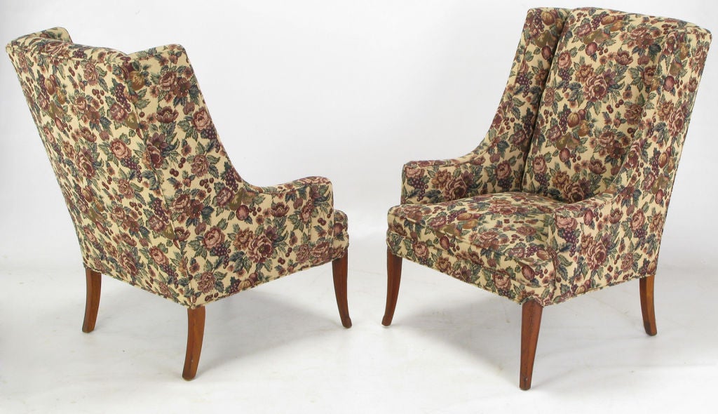 Pair Low Arm Wing Chairs In LavenderTapestry Upholstery 2
