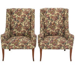 Pair Low Arm Wing Chairs In LavenderTapestry Upholstery