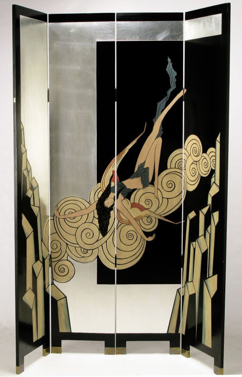Inspired functional art, this art deco revival four-panel footed screen is double sided. Front side is an incised art deco dream-like tableau.  It depicts a woman floating on clouds over an abstract city in cream, black lacquer, grey, red and silver
