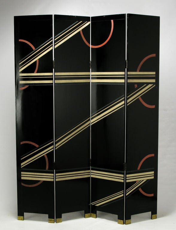 Late 20th Century Art Deco Nymph Four-Panel Black Lacquer & Silver Leaf Screen