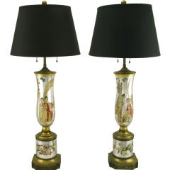 Pair Chinoiserie Eglomise Glass & Gilt Table Lamps