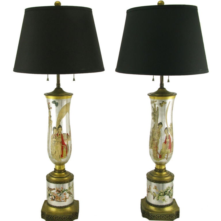 Pair Chinoiserie Eglomise Glass and Gilt Table Lamps at 1stDibs