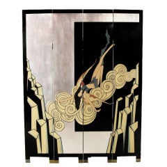 Art Deco Nymph Four-Panel Black Lacquer & Silver Leaf Screen