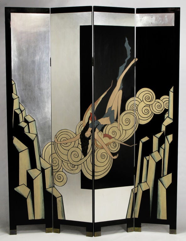 American Art Deco Nymph Four-Panel Black Lacquer & Silver Leaf Screen