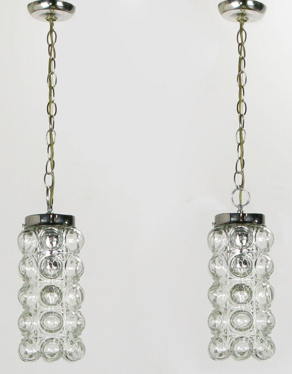 Pair Clear Murano Bubble Glass Pendant Lights