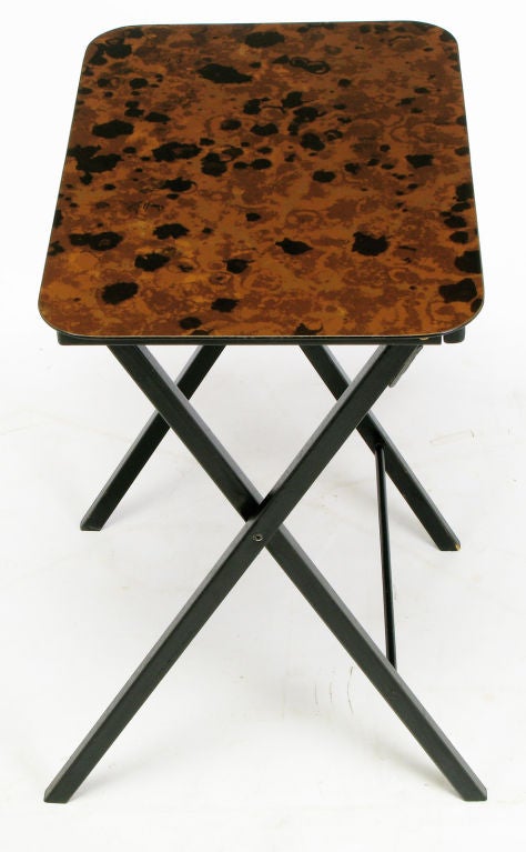 Mid-20th Century Set Four Black Lacquer & Tortoise Finish Folding Tray Tables