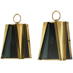 Pair Geometric Brass & Smoked Glass Sconces, Lightolier Attr.