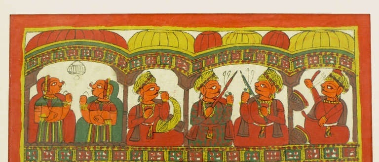 Indien Grande et colorée peinture en tissu batik représentant des villageois, un cheval et un éléphant en vente