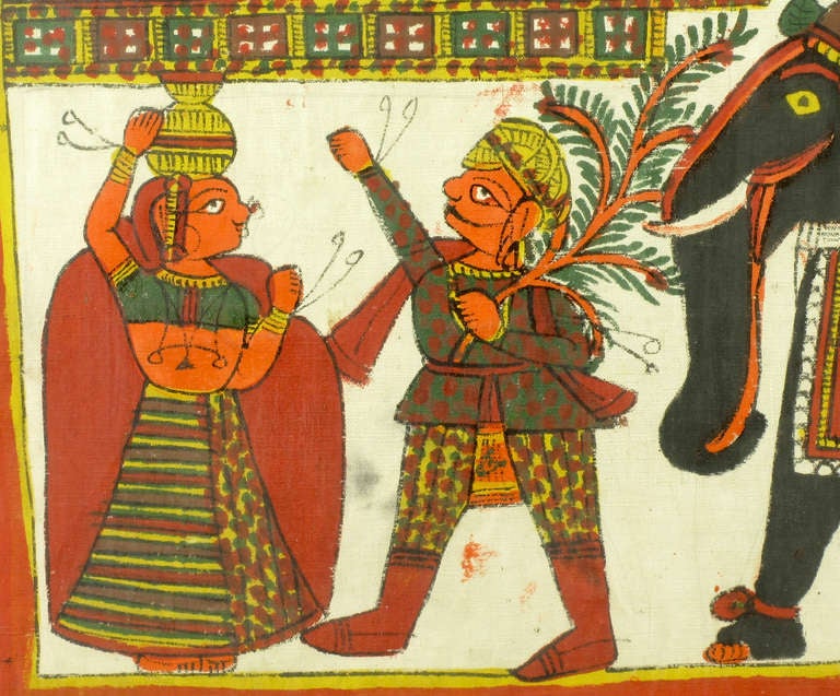 Laiton Grande et colorée peinture en tissu batik représentant des villageois, un cheval et un éléphant en vente