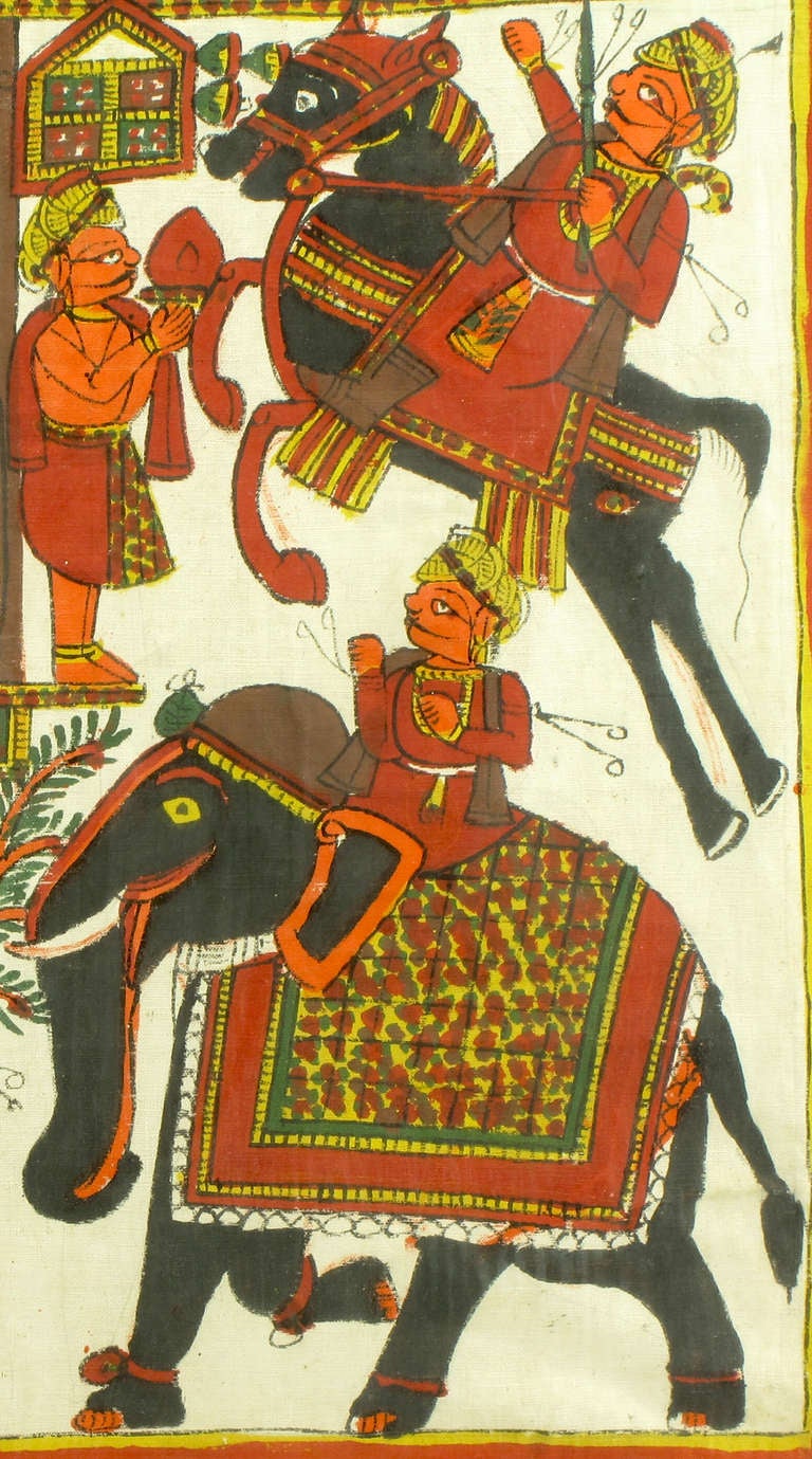 Grande et colorée peinture en tissu batik représentant des villageois, un cheval et un éléphant en vente 1