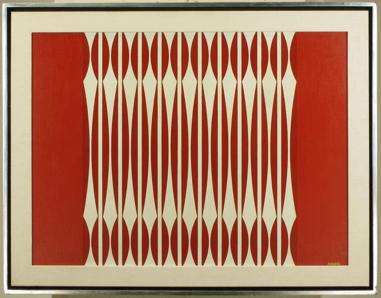 Red and off-white oil on canvas optical art piece signed by the Yugoslavian artist, Dordevic Miodrag. (b. 1936). Framed in a wood, silver leaf floating frame with recessed black border. Art measures 23