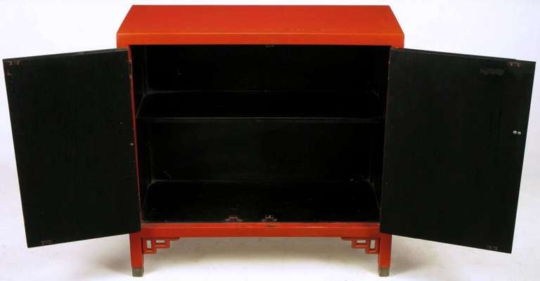 Chinoiserie Two-Door Cinnabar Lacquered Cabinet In Good Condition In Chicago, IL