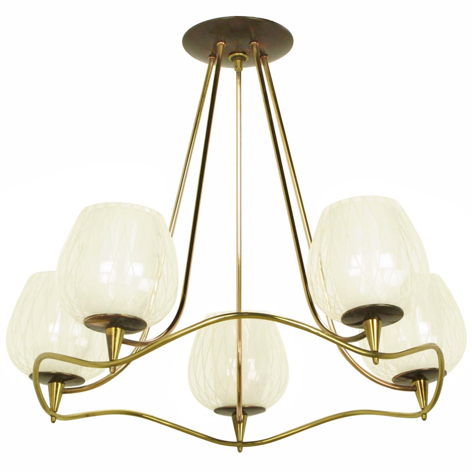 Lightolier 1950s Five-Light Brass Chandelier