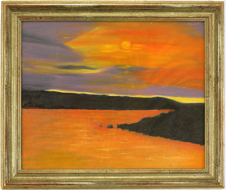 Sunset on the shore impasto oil painting with by F. Benson. Appears to be an older work as the black and orange oils have intricate checking patterns. Framed in an aged Italian gilt wood beveled surround. Framed art measures, 24.25