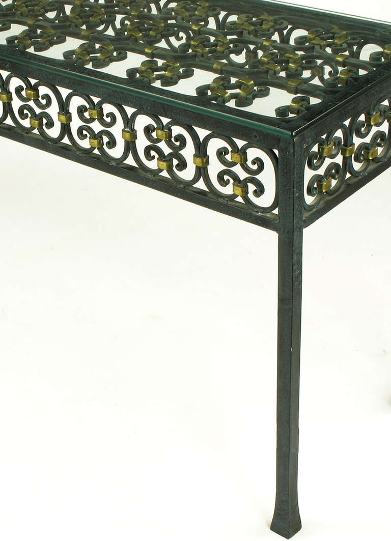 Maitland Smith Hammered Verdi Gris Iron Console Table In Excellent Condition In Chicago, IL