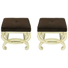 Pair Glazed Ivory and Sable Velvet Interlocking Curule Regency Benches