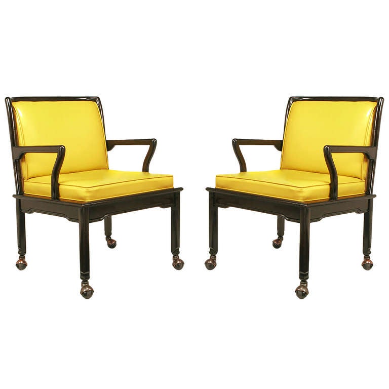 Pair of Widdicomb Ebonized Wood and Saffron Upholstered Lounge Chairs For Sale