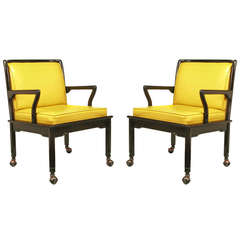 Used Pair of Widdicomb Ebonized Wood and Saffron Upholstered Lounge Chairs