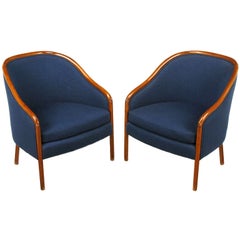Pair of Ward Bennett Walnut and Wool Lounge Chairs