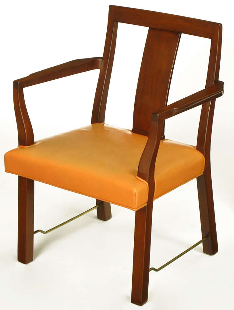 American Eight Edward Wormley Mahogany, Leather and Brass Dining Chairs For Sale