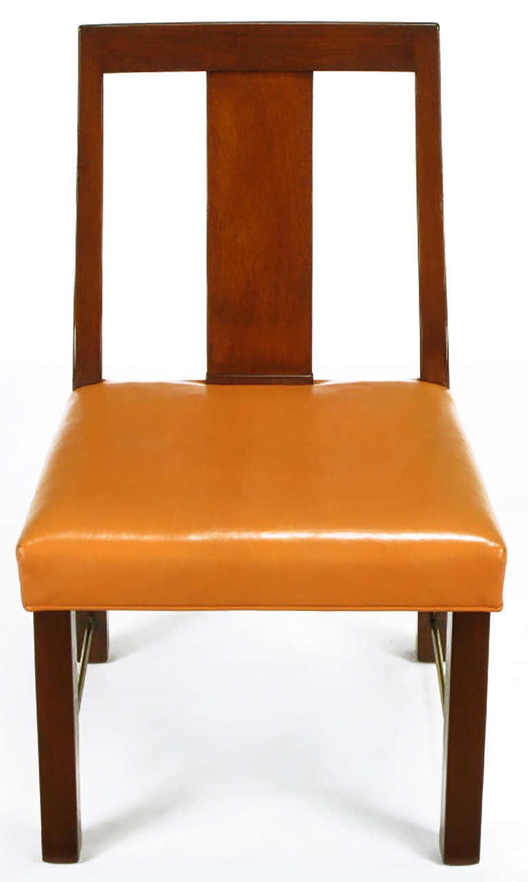 Eight Edward Wormley Mahogany, Leather and Brass Dining Chairs In Good Condition For Sale In Chicago, IL