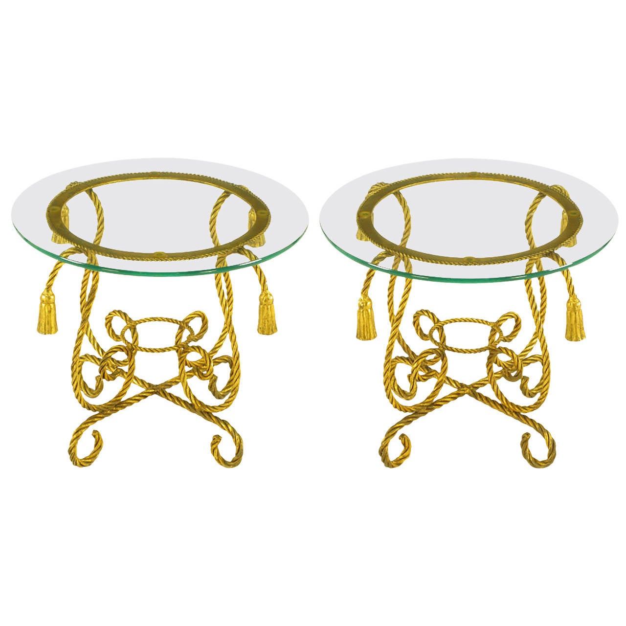 Paire de tables italiennes en corde de fer doré avec ornementation de glands