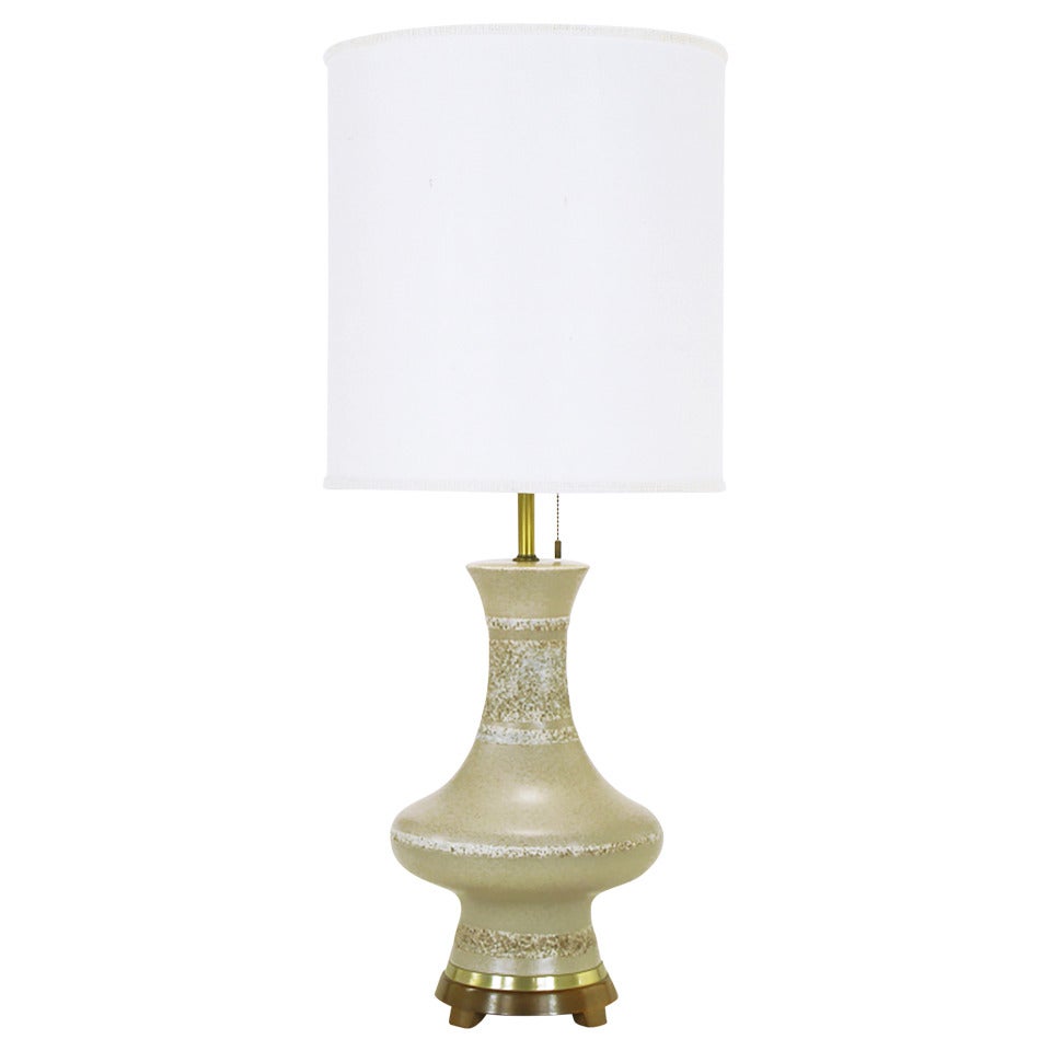 Lightolier Heathered Taupe and Striped Pottery Table Lamp For Sale