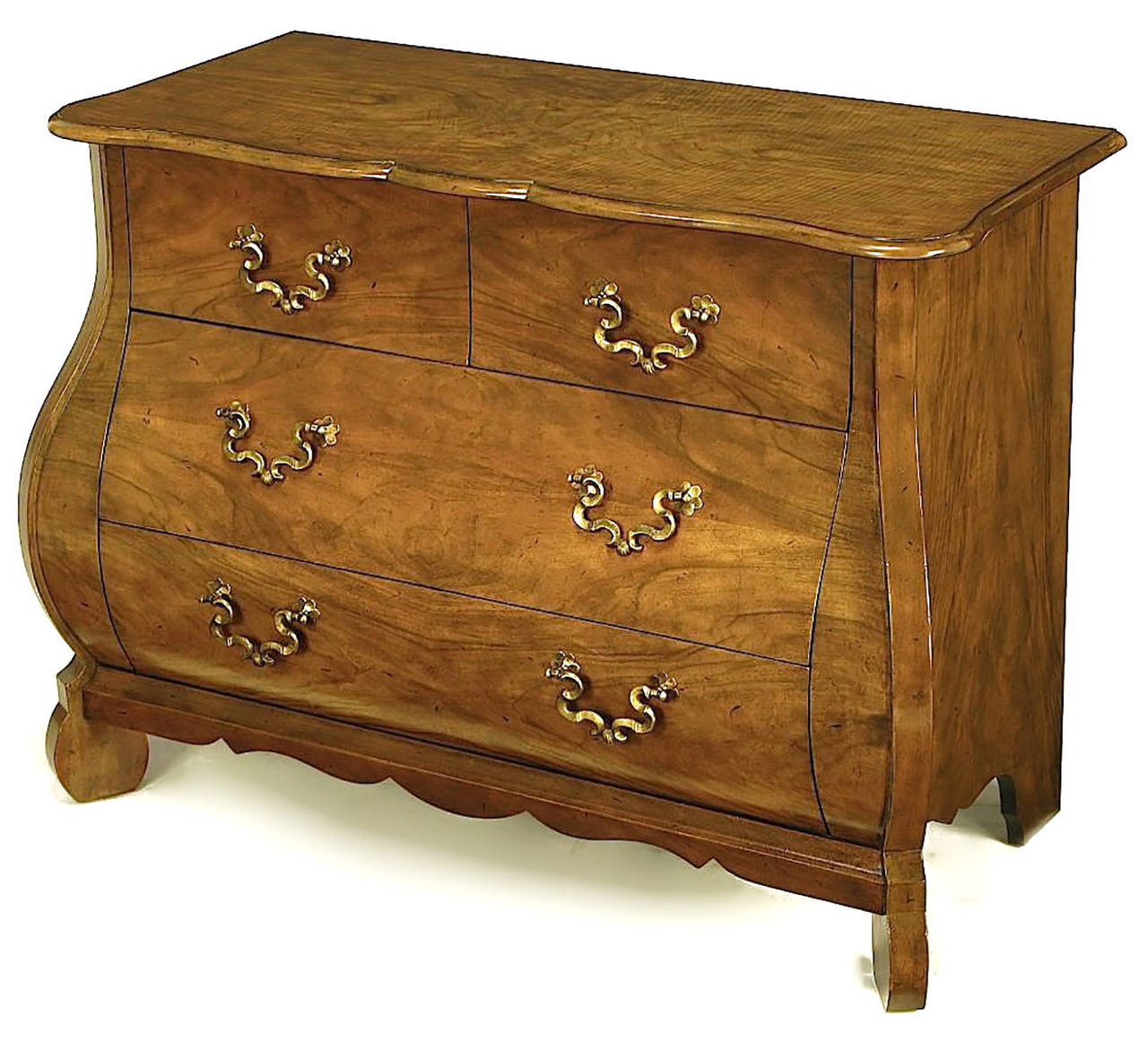 Baker Furniture collector's edition bombe-front figured walnut four-drawer commode. Linen fold solid brass drop pulls, scalloped top and apron. Canted corner front legs with scalloped side skirt and back legs.