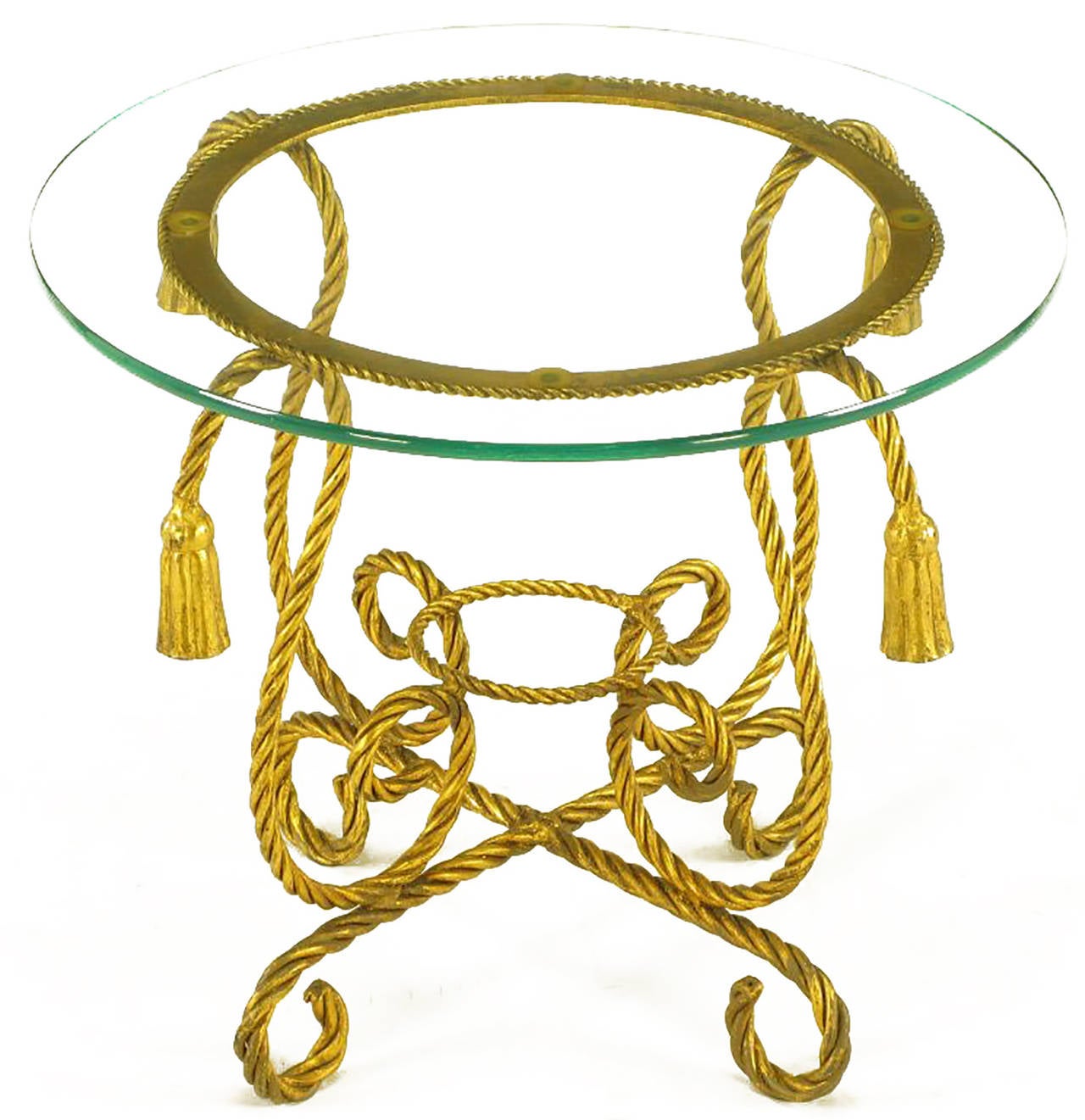 Pair of small round tables, or gueridons, with a frame made of gilt iron braided to look like rope. 20