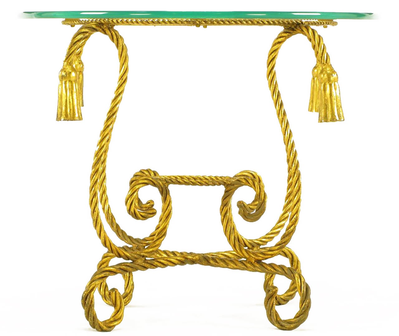 Mid-20th Century Pair of Italian Gilt Iron Rope Tables with Tassel Ornamentation For Sale