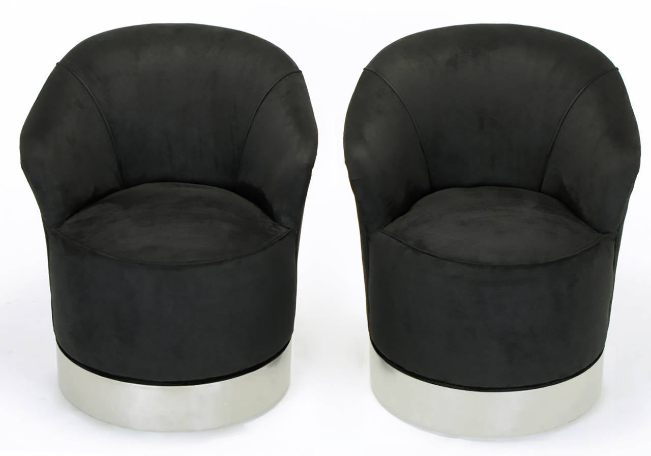 American Pair of Sally Sirkin Lewis Blue and Black Ultrasuede Swivel Club Chairs For Sale