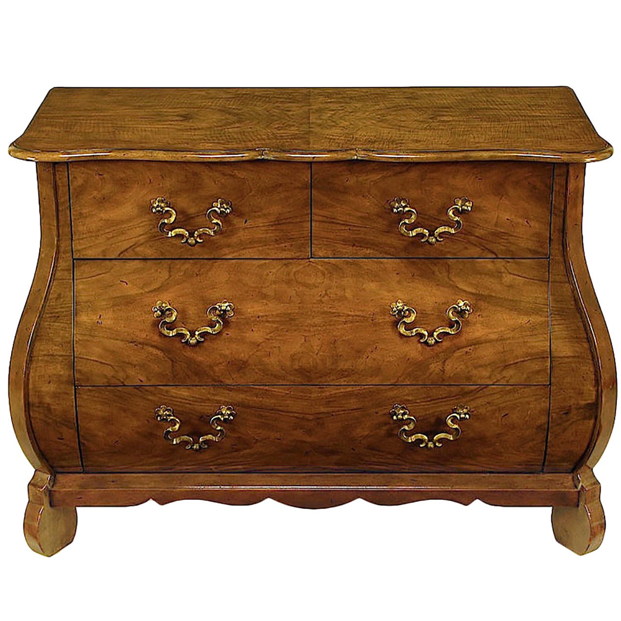 Baker "Collectors Edition" Figured Walnut Bombe Three-Drawer Commode For Sale