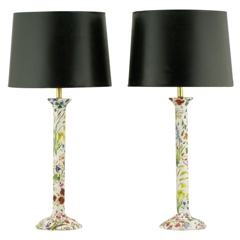 Pair Italian Ceramic Floral Detailed Table Lamps