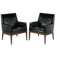 Pair  Walnut & Black Upholstery Club Chairs
