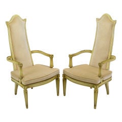 Pair Ivory Lacquer & Velvet Tall Back Arm Chairs