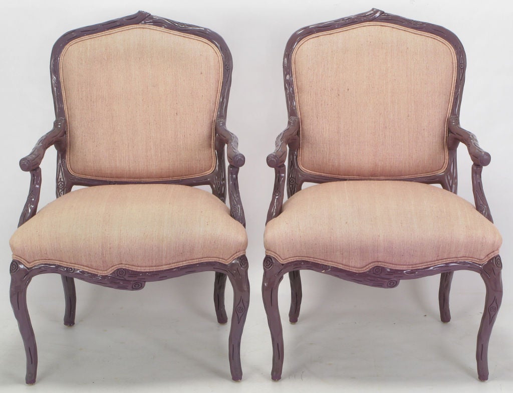 Pair Dark Lavender Faux Bois Arm Chairs & Ottoman In Puce Silk