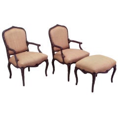 Pair Dark Lavender Faux Bois Arm Chairs & Ottoman In Puce Silk