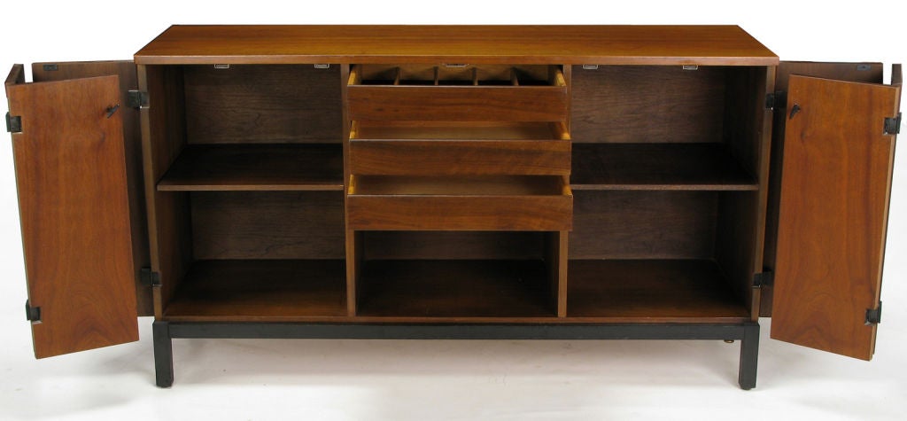 American Milo Baughman Walnut & Black Lacquer Tri-Fold Door Sideboard