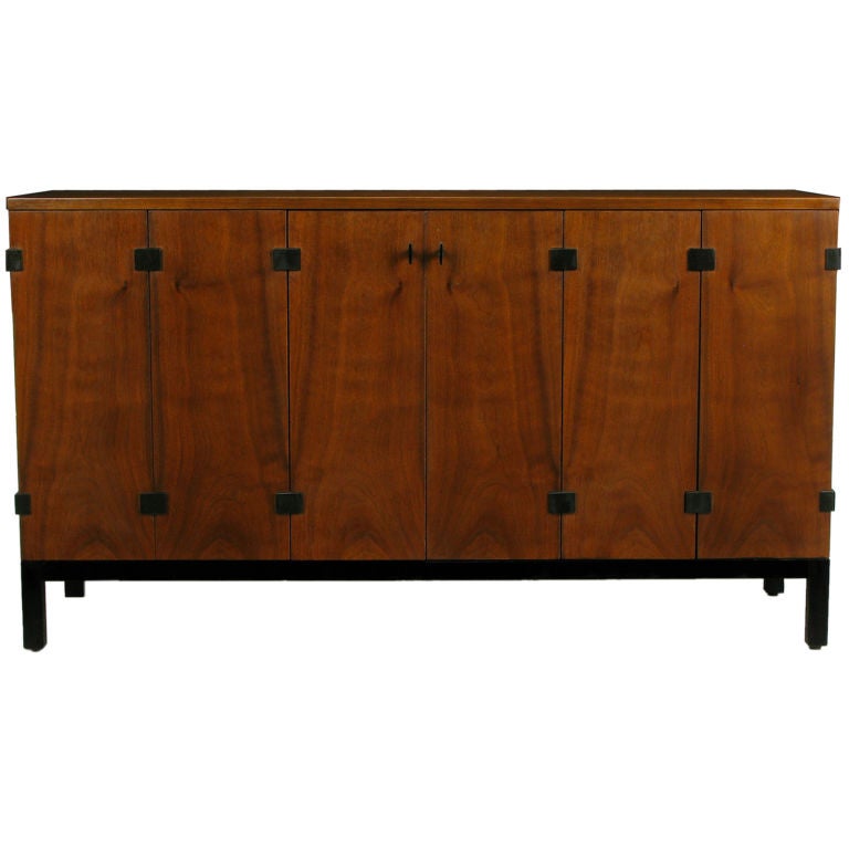 Milo Baughman Walnut & Black Lacquer Tri-Fold Door Sideboard