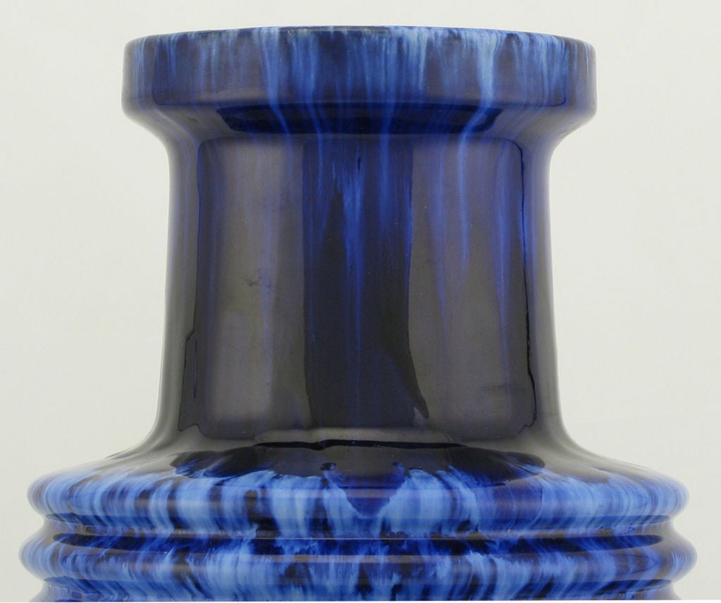 Deep indigo blue glazed West German pottery vase with controlled drip glaze by Scheurich. Scheurich Keramik was one of the most revered pottery makers in the West German region