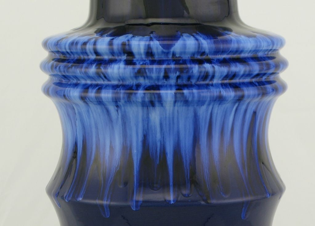 Late 20th Century Scheurich West German Blue Drip Glaze Pottery Vase For Sale