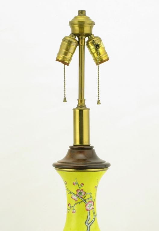 American Pair Paul Hanson Yellow Handpainted Ceramic Asian Table Lamps